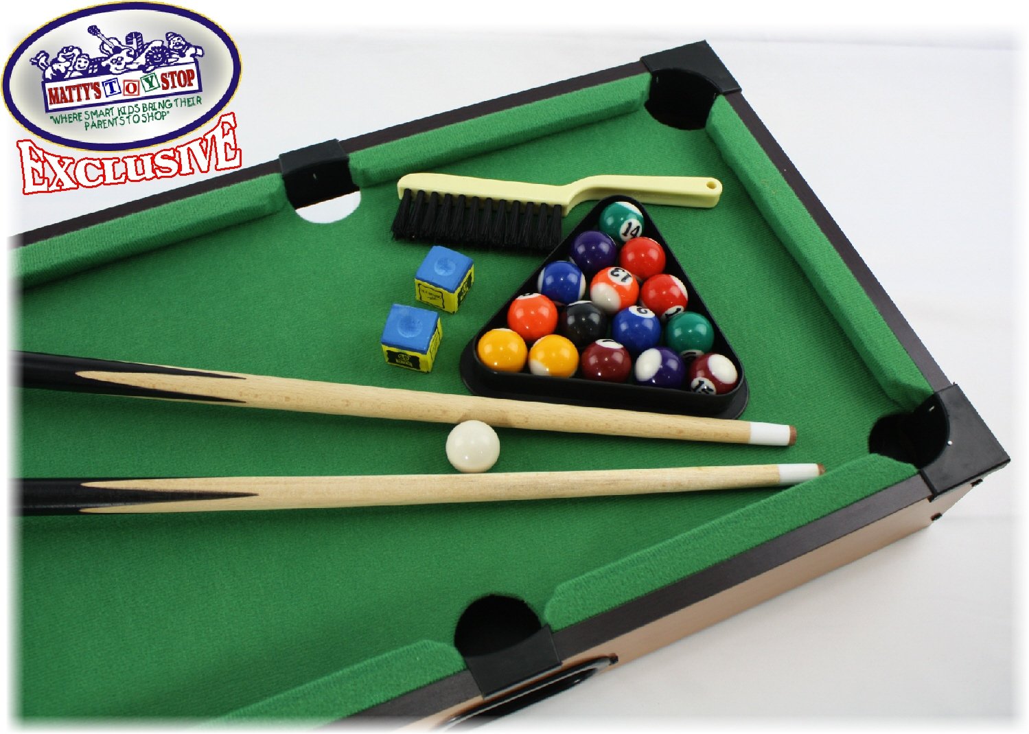 Matty's Toy Stop Deluxe 20" Wooden Table Top Pool (Billiards) Table with 15 Colored Balls, 1 Cue Ball, 1 Brush, 2 Pool Sticks, 2 Cubes of Chalk