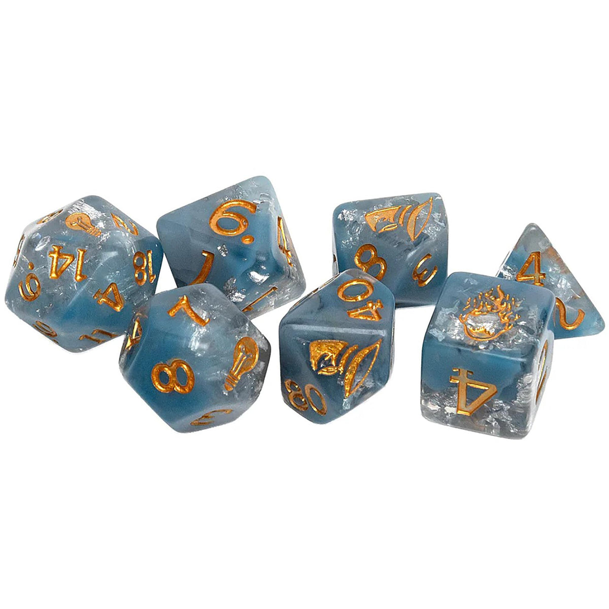Stranger Things: Adventure Dice - Will - 7pc RPG Set, Blue & Silver Fleck, Gold Icons, Cleric Class, Collectible Roleplaying Game Accessory, Licensed