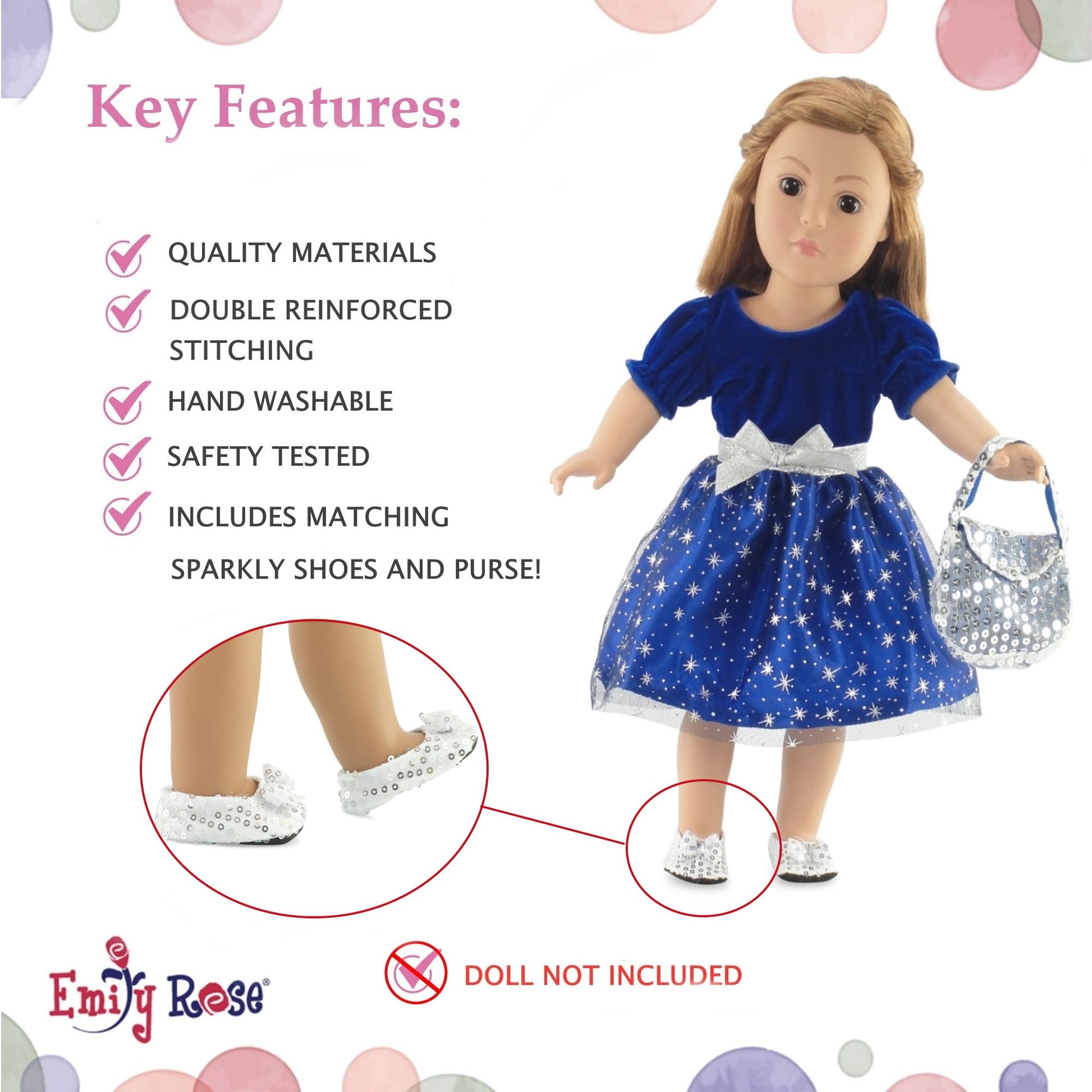 Emily Rose 18" Doll Holiday Dress Set - Midnight Star Sparkly Blue Party Dress with Silver Sequin Shoes & Purse - Premium Gift Boxed Outfit Compatible
