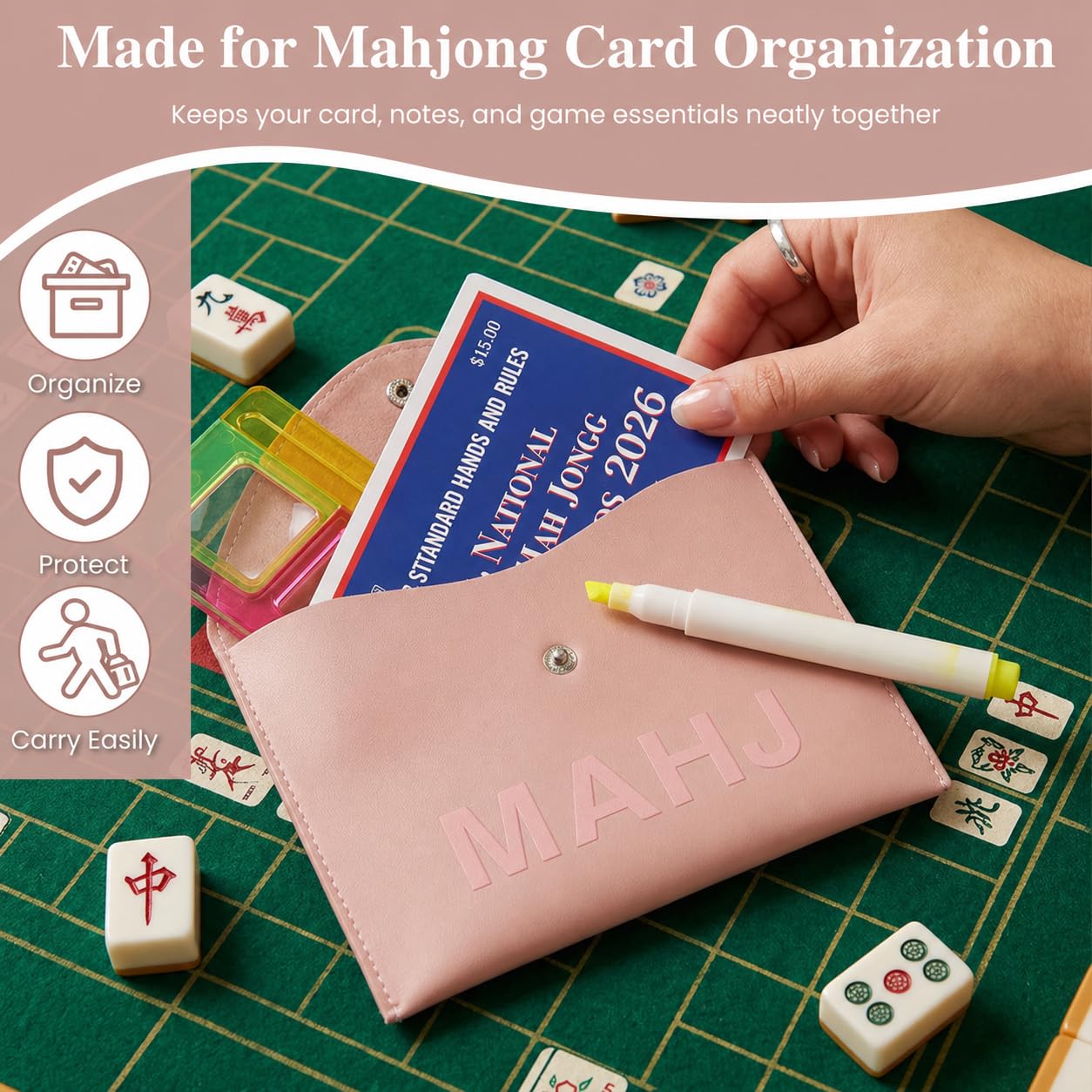 YCQDDA Mahjong Card Holder Sleeve for American Mahjong Cards, Pink PU Leather Mahjong Card Case Cover, Large Card Sleeve Protector with Snap Closure