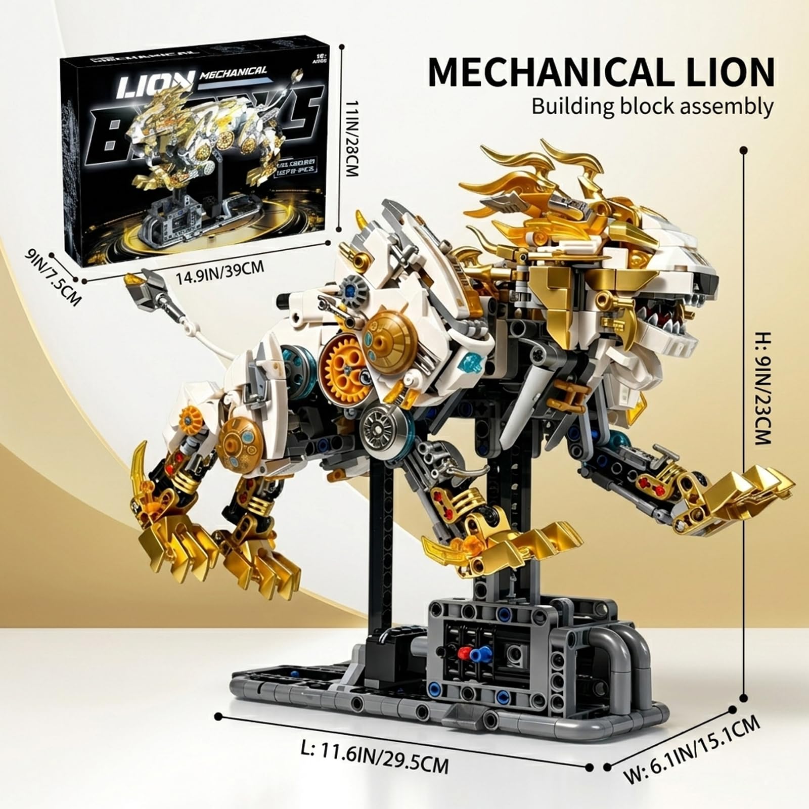 Mechanical Lion Building Set, Compatible with LEGO Animal Building Kit with Movable Gears and LED Light, Collectible Display Model for Adults & Teens