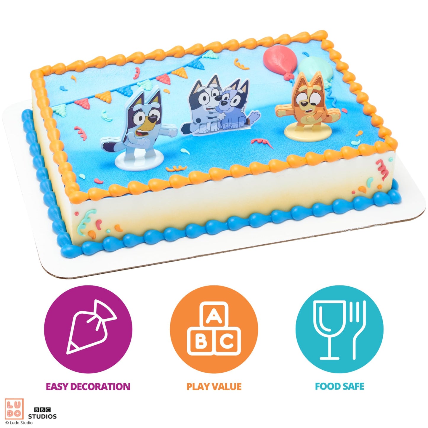 DecoSet® Bluey Dance Mode Cake Toppers, 3 Piece Cake Decoration With Bluey And Bingo Figurines and Muffin & Socks Poly Pic, For Birthday, Parties