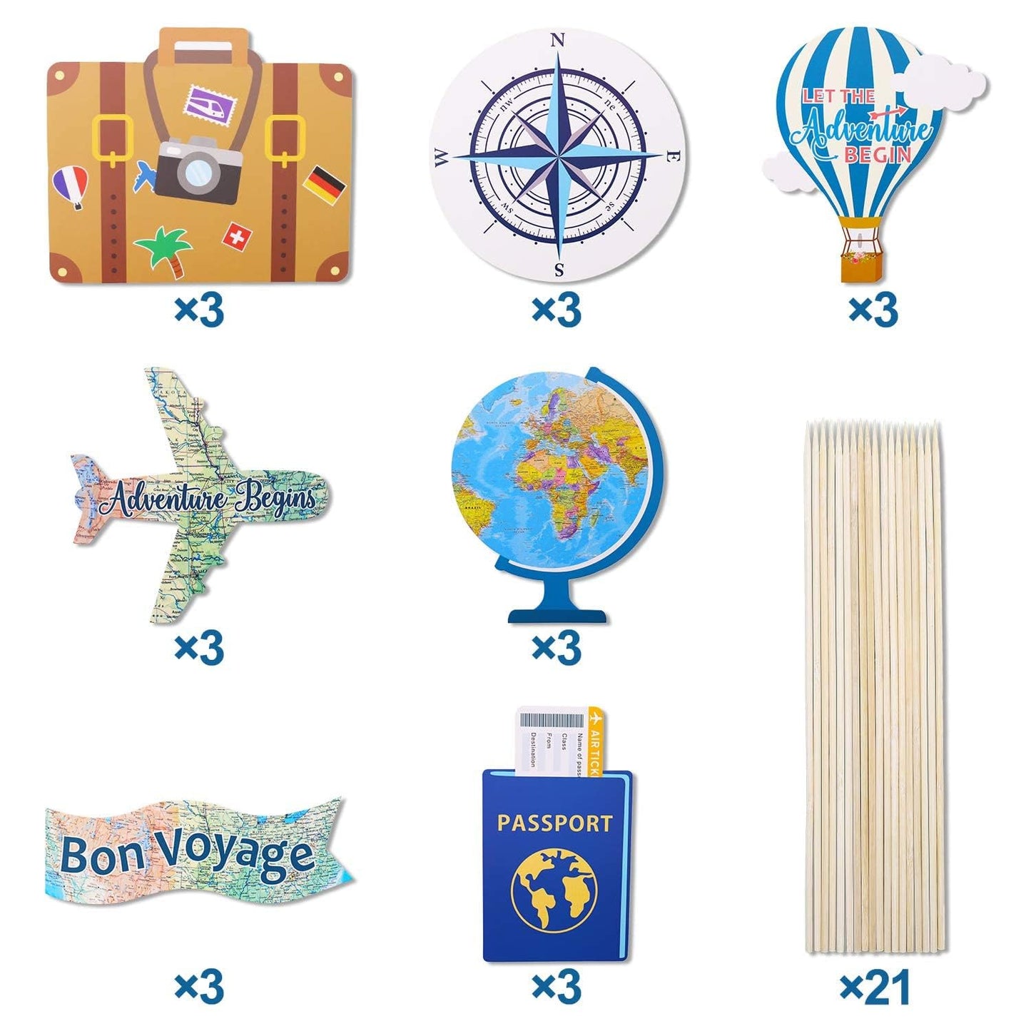 Travel Theme Centerpiece Sticks Set of 21- Adventure Awaits & Bon Voyage Party Decorations, World Map Table Centerpieces for Around the World