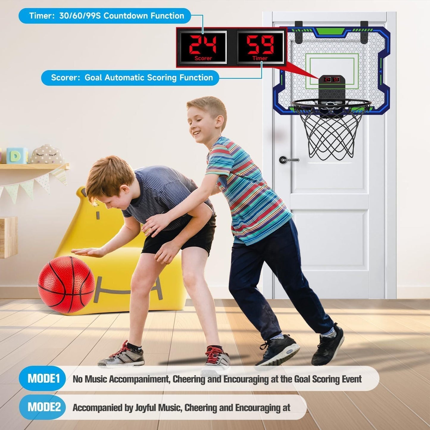 VIGNUTO Indoor Basketball Hoop for Kids(Over 3 Years Old), Over the Door Basketball Hoop with Scoring, Countdown and Music Accompaniment, Kids Toys