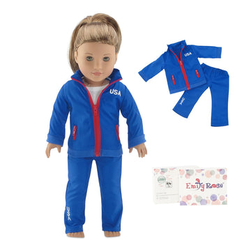 Emily Rose 18 Inch Doll Clothes - 2-Piece Athletic Warm Up Set with Zip-Up Jacket & Matching Pants | Red Blue | Signature Gift Box | Fits American