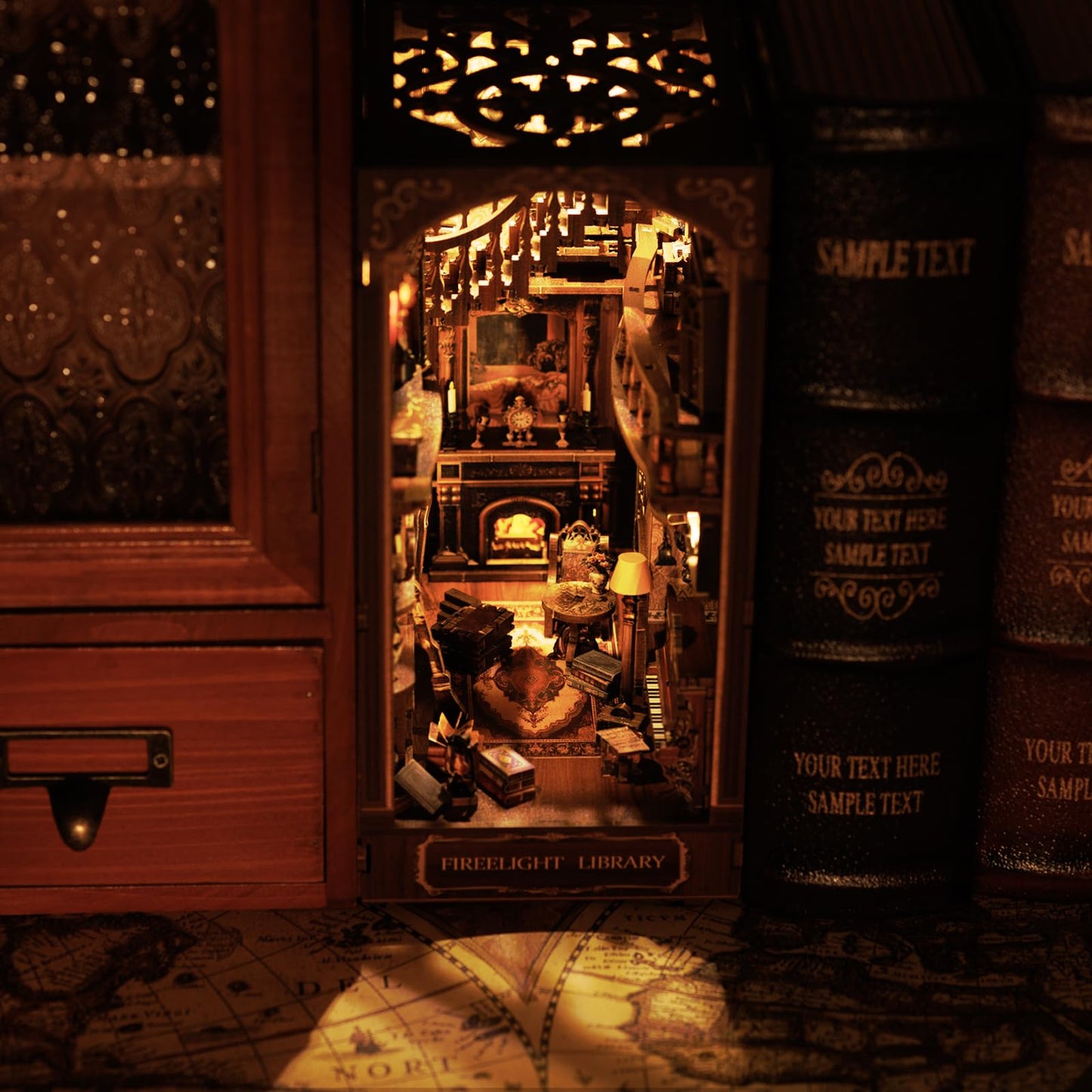 Firelight Library Book Nook, DIY Miniature House Puzzle for Magical Home Decor, 3D Bookshelf Decor for Adults and Beginners