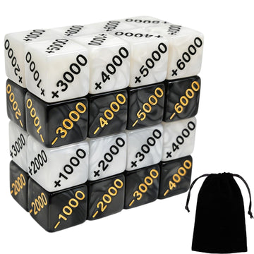 32 PCS Power Counter Dice Set, 16 Positive (+1000-+6000) & 16 Negative (-1000-6000), Premium Black & White Marble Finish, Compatible with One Piece