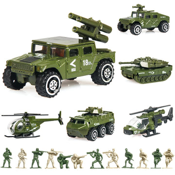 18 Pack Die-cast Military Vehicles Sets,6 Pack Assorted Alloy Metal Models Car Toys and 12 Pack Soldier Army Men, Mini Army Toy Tank,Panzer,Anti-Air