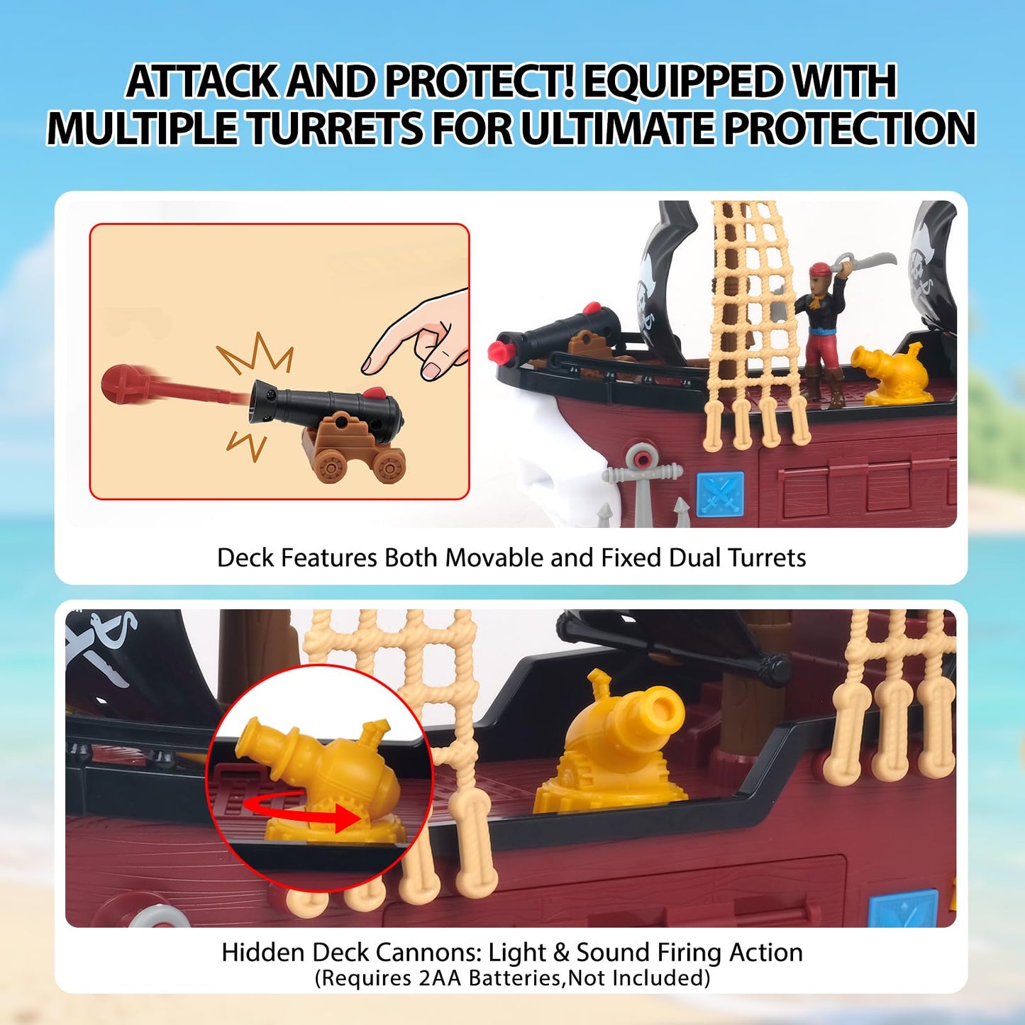 Goldlok Pirate Ship Adventure Playset with Lights and Sounds - Includes 2 Pirate Figures, Treasure Chest & Cannons - Pretend Play Gift for Kids Ages