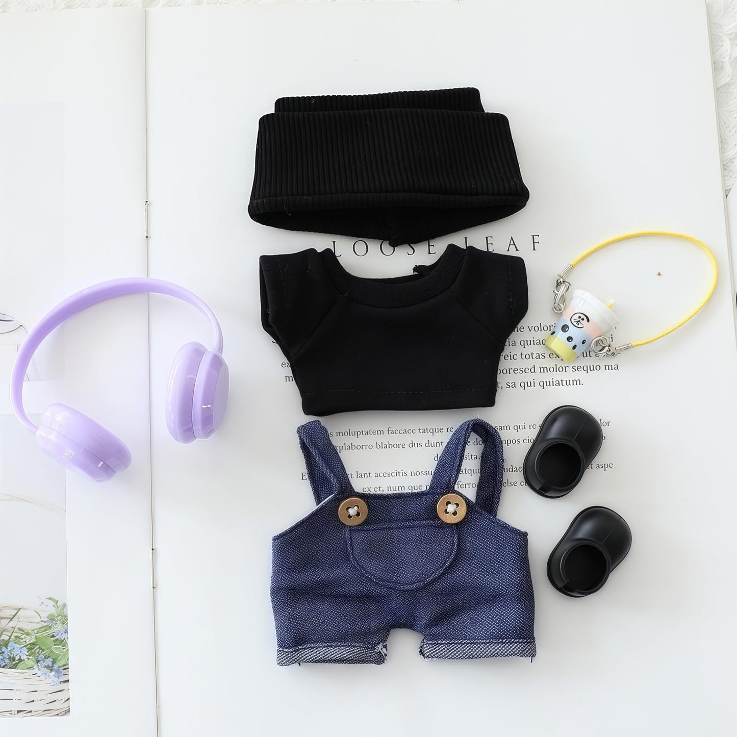 Clothes for Lu bubu 17cm Dolls(No Doll) Accessories, Stylish Kawaii Overalls Outfit Headphones Set 5 Pieces Suitable for 17cm Dolls , Doll Hat Headset