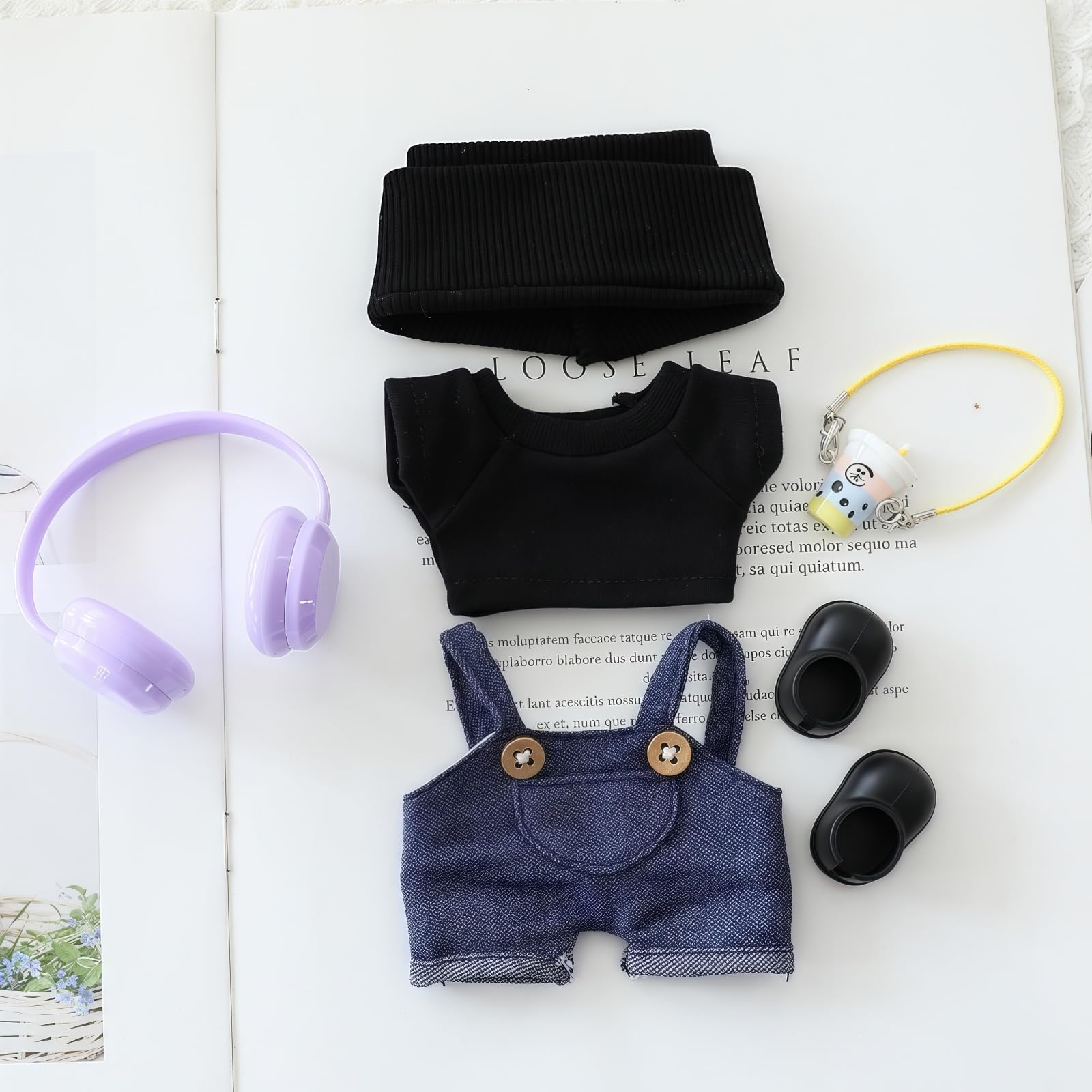 Clothes for Lu bubu 17cm Dolls(No Doll) Accessories, Stylish Kawaii Overalls Outfit Headphones Set 5 Pieces Suitable for 17cm Dolls , Doll Hat Headset