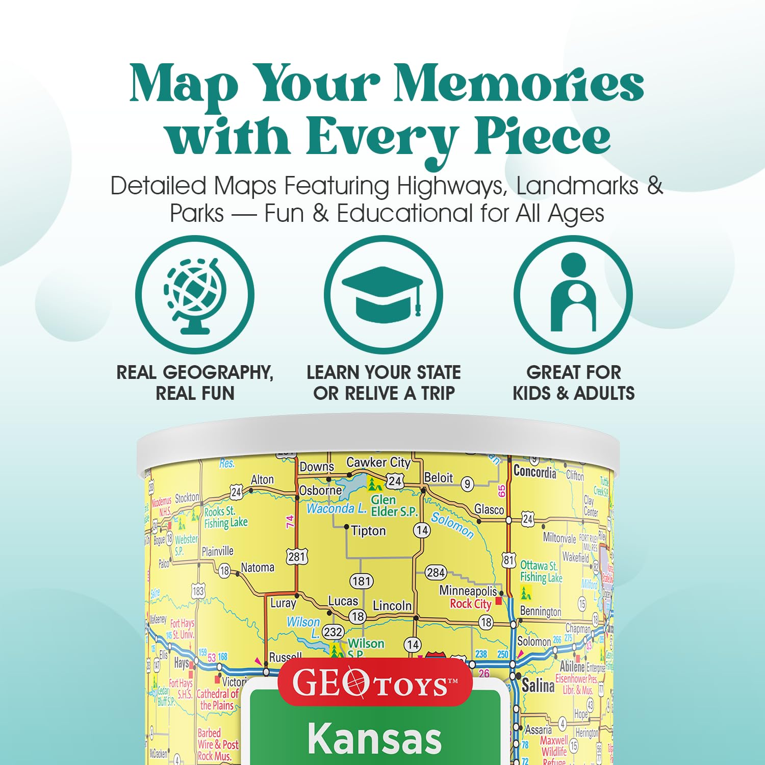 Geotoys Kansas Mini State Puzzle - 100 Piece Puzzles for Kids and Adults in Portable Can, 13" x 10" Educational Travel Puzzle for Ages 7 and Up - Mini