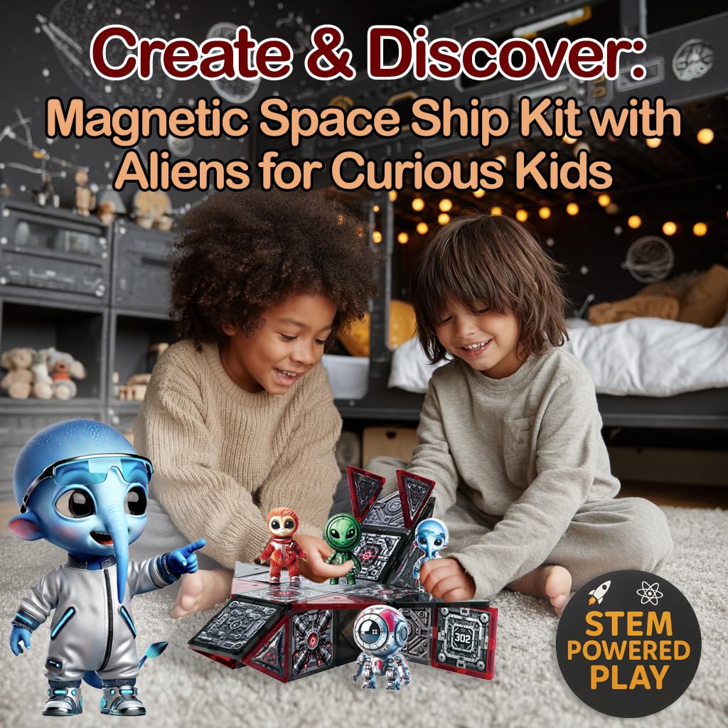 Little Pi Space Battleship Magnetic Tiles | Magnetic Blocks for Star Inspired Galactic Building | STEM Toys for Kids Age 3 4 5 6 7 8