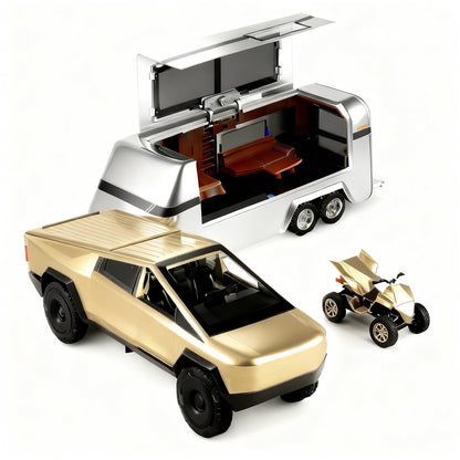 Suvabe 1/32 Pickup Truck Toy car 3-in-1 Travel RV Set with Metal Pickup, Removable Camper & Off-Road Motorcycle Cool Sound & Light Effects,Christmas