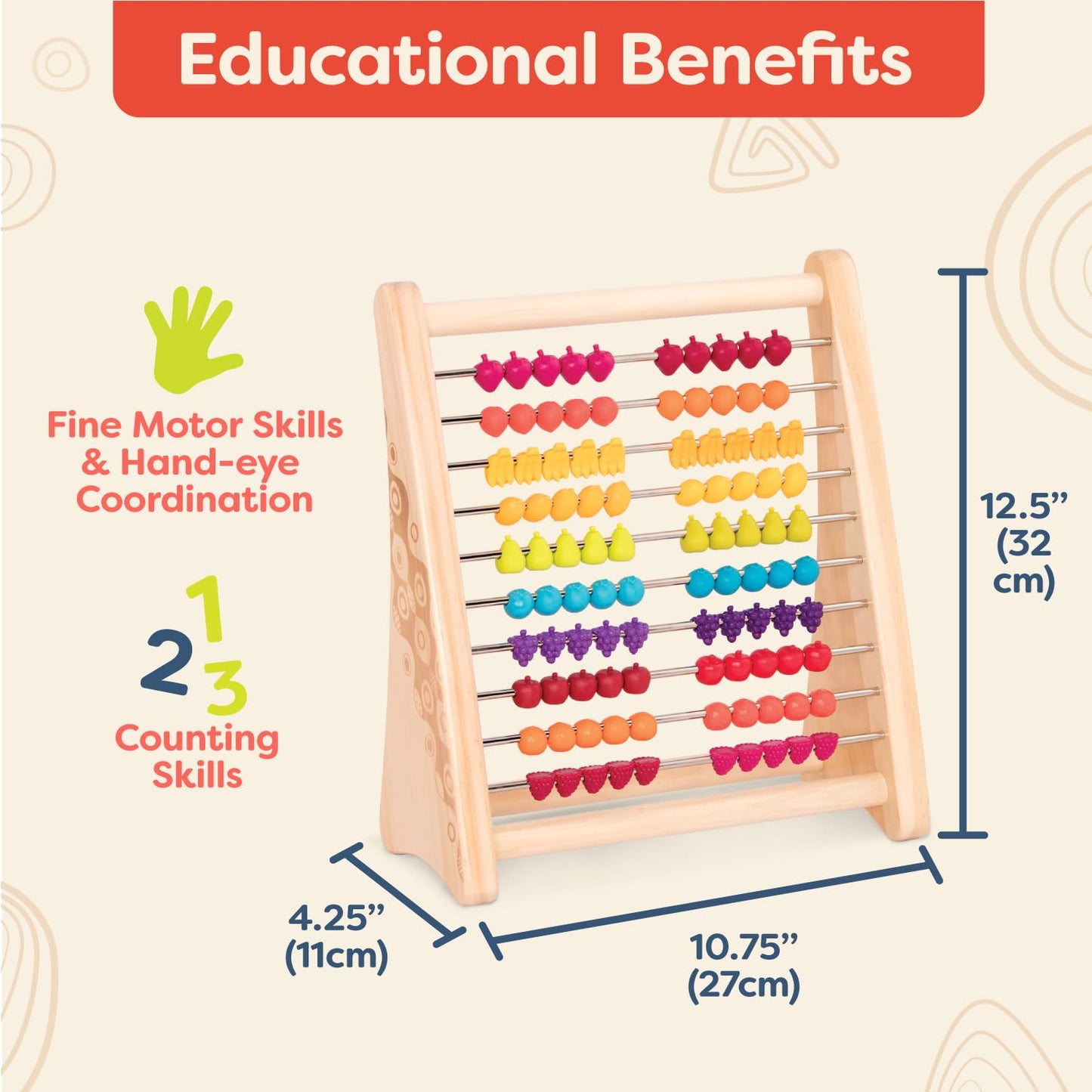 B. toys - Fruity! Wooden Abacus for Kids Classic Math Learning Toy with 100 Beads Educational for Addition, Subtraction Numbers & Counting 18+ Months