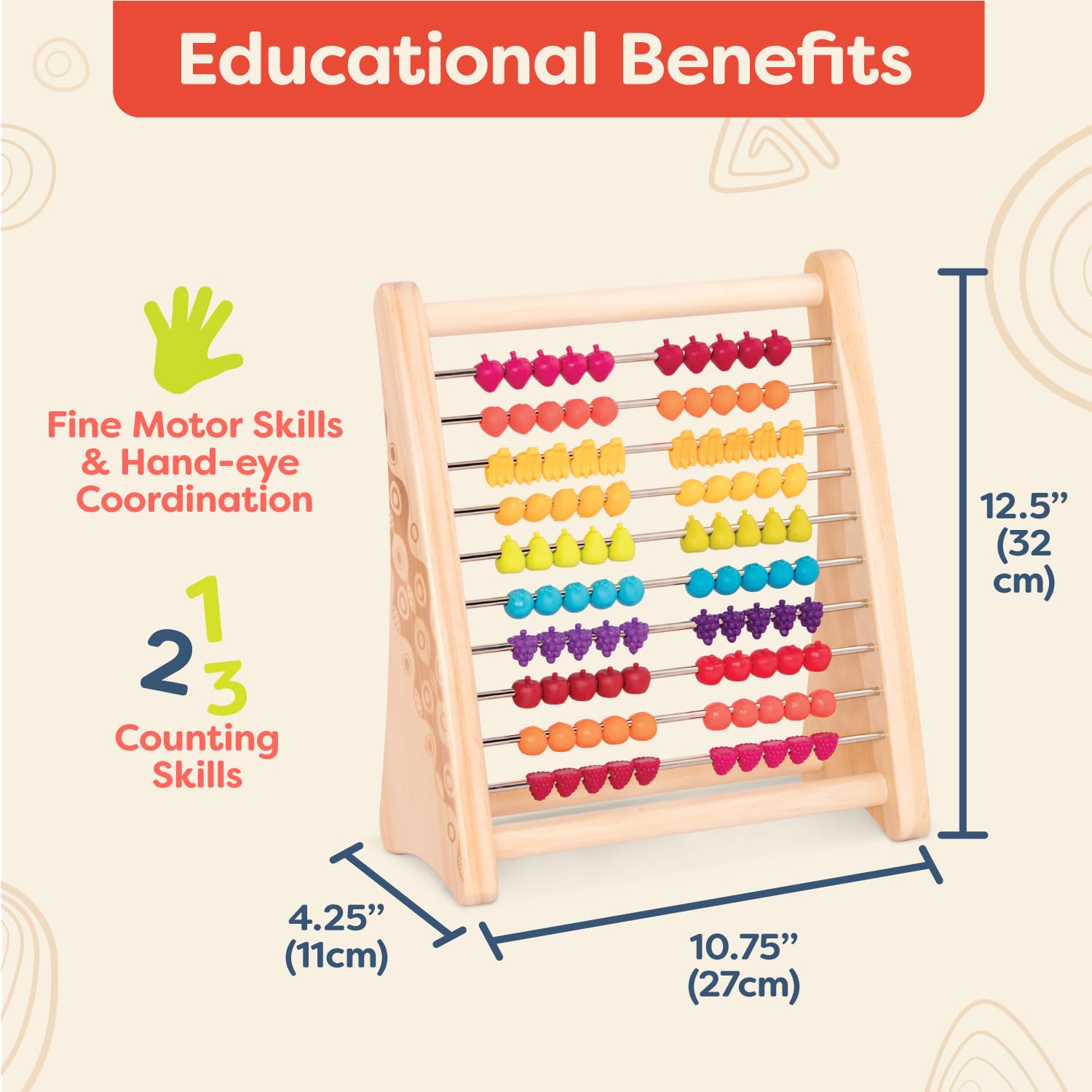 B. toys - Fruity! Wooden Abacus for Kids Classic Math Learning Toy with 100 Beads Educational for Addition, Subtraction Numbers & Counting 18+ Months