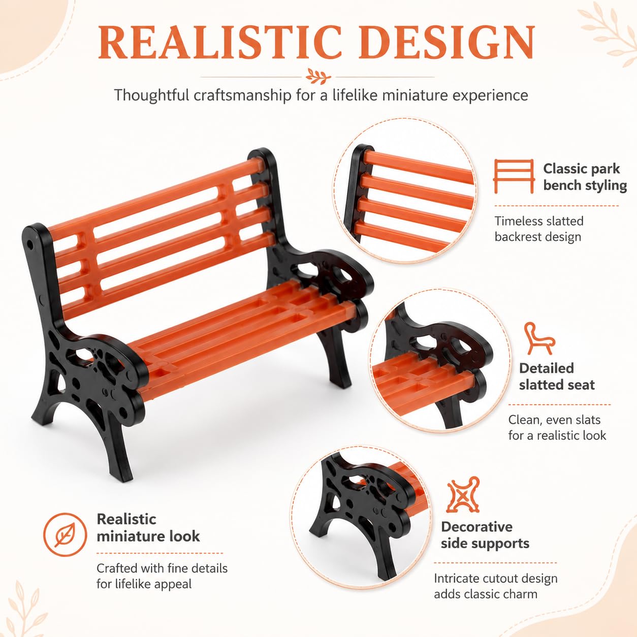 Miniature Park Bench Set 2-Pack - 1:16 Scale Brown Garden Seats with Realistic Detailing, Tiny Park Benches for Dollhouse and Fairy Garden