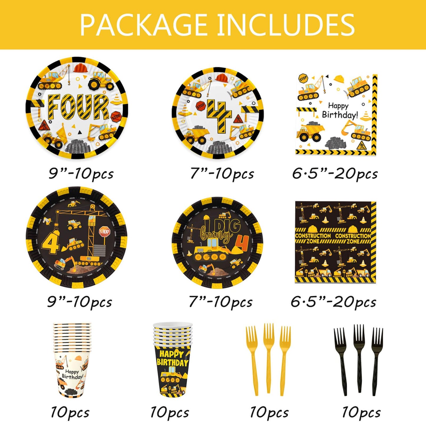 210 Pcs Construction 4th Birthday Decorations - Includes Plates Napkins Cups Cake Cupcake Toppers Banner Hanging Swirls Tablecloths Balloons