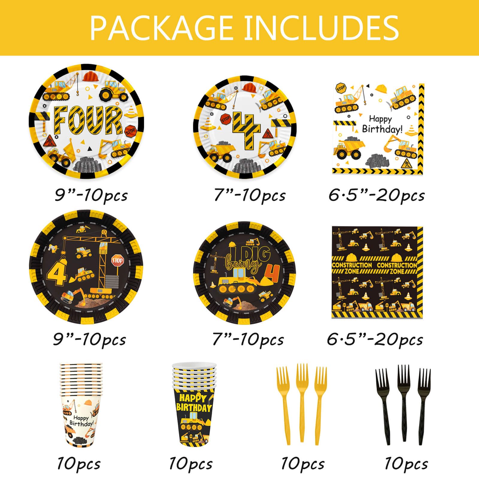 210 Pcs Construction 4th Birthday Decorations - Includes Plates Napkins Cups Cake Cupcake Toppers Banner Hanging Swirls Tablecloths Balloons