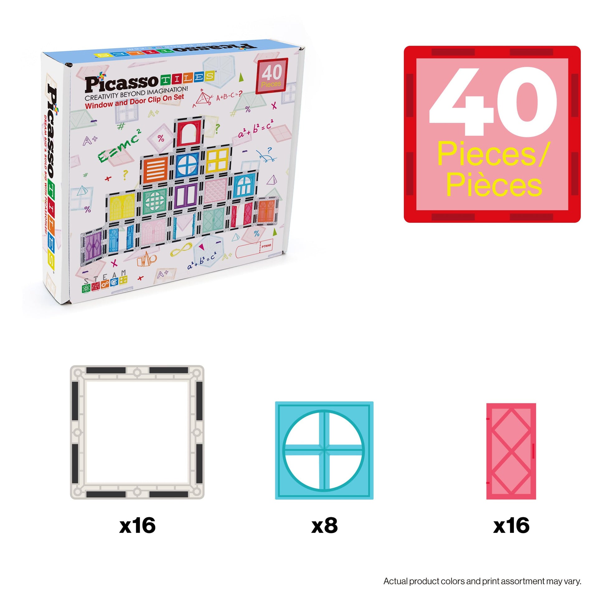 PicassoTiles 40pcs Magnetic Tiles Clip-in Window and Door Expansion Set, Magnetic Block Add-ons, Magnet Building Construction Toys, STEM Education