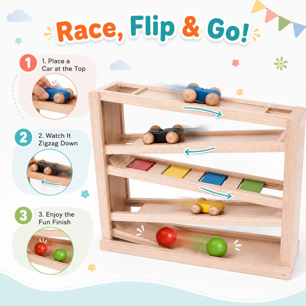 Wooden Ramp Racer for Toddlers 1-3, Wooden Race Track Toy with 3 Wood Cars and 2 Balls, 5-Level Zig Zag Car Ramp Racer, Montessori Learning Toys for 1