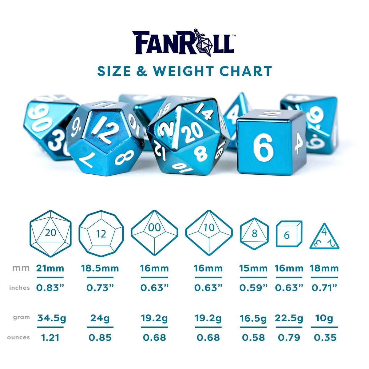 FanRoll 16mm Metal Polyhedral DND Dice Set: Blue, Role Playing Game Dice for Dungeons and Dragons