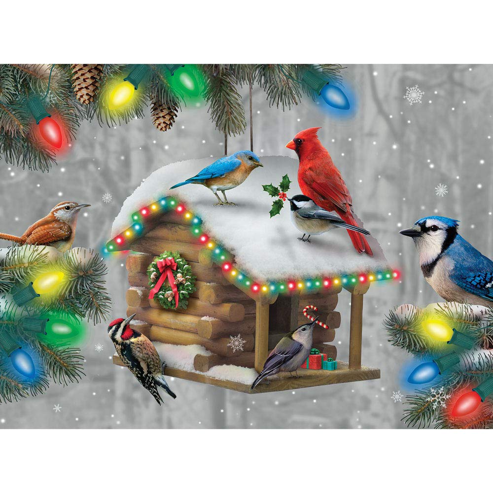 Bits and Pieces - 300 Piece Jigsaw Puzzle for Adults - Festive Feathered Friends - Glow - in - The - Dark Holiday Birdhouse Christmas Pine Tree Lights