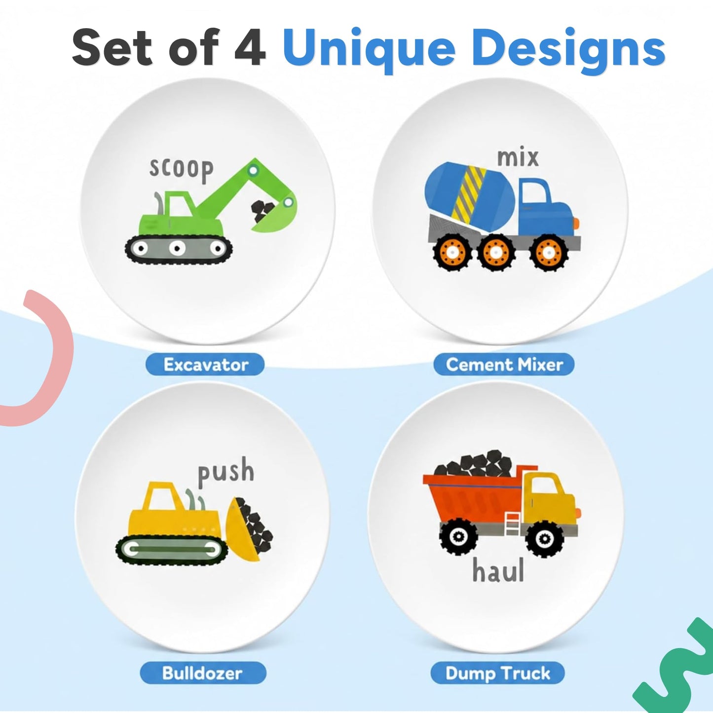 Tiny Expressions - Construction Plates for Toddlers - Set of 4 Melamine Plates for Kids - Excavator, Cement Mixer, Bulldozer, and Dump Truck - Fun