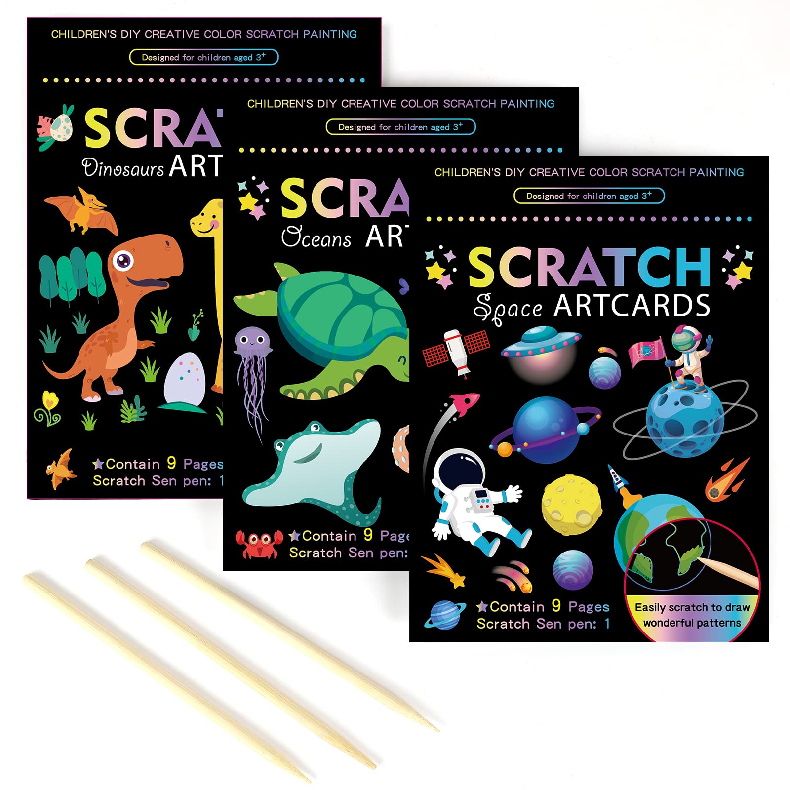 OPUHOHR 3 Set Magic Scratch Paper Art, Colorful Magic Drawing Art Book with 3 Scratch Pen for Birthday Halloween Christmas Party Games Projects Kits
