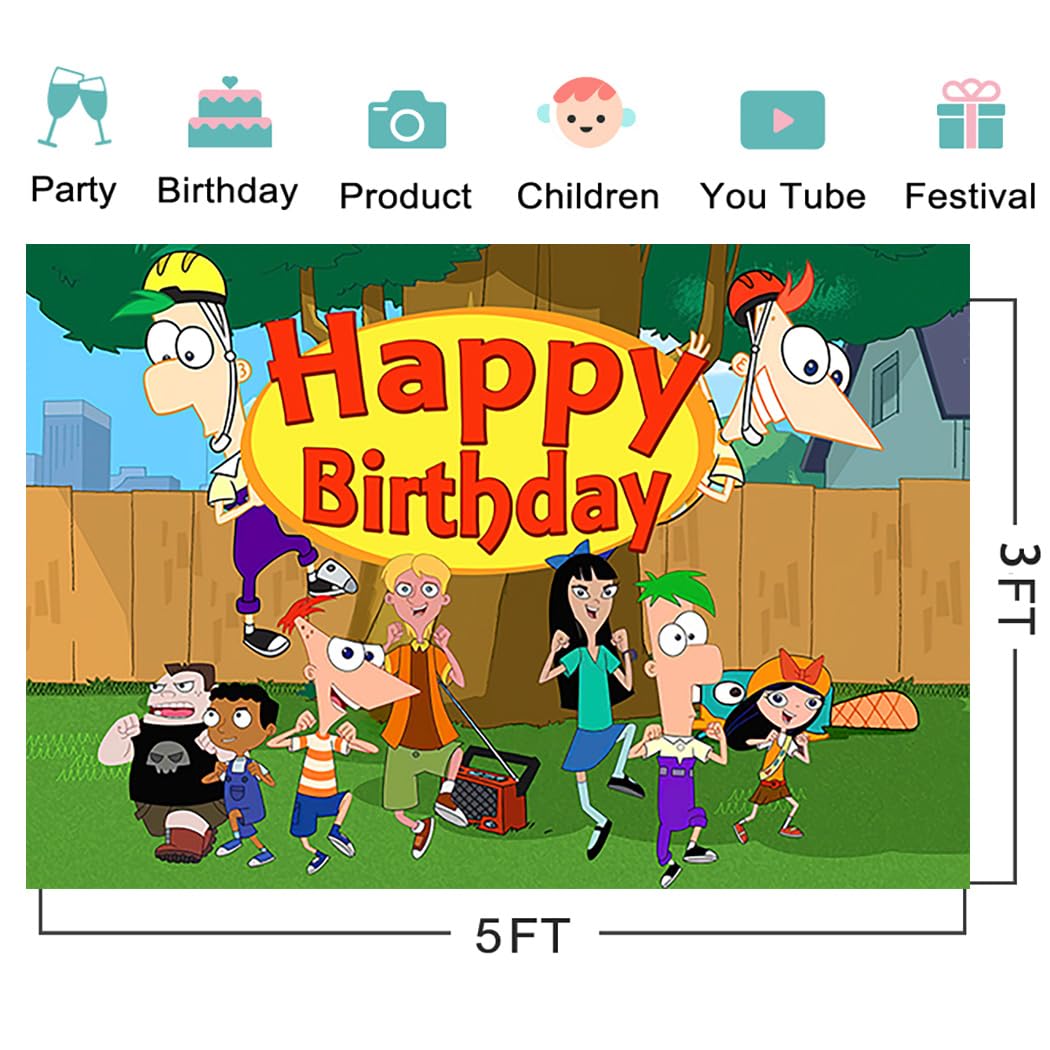 RNINE Phineas and Ferb Backdrop 5x3ft Cartoon Photo Background for Birthday Party Supplies Phineas and Ferb Baby Shower Banner for Party Decorations