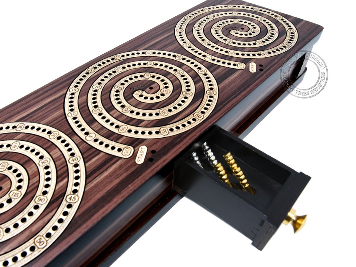 House of Cribbage - 3 Track - Spiral Design Continuous Cribbage Board/Box Inlaid in Rosewood/Maple Wood - Separate Storage Space for Two Deck of Cards