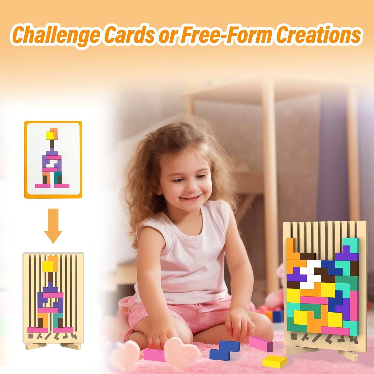 Wooden Block Puzzle Montessori Toys, Colorful Stacking Game Brain Teaser Puzzles for Toddlers and Kids with 20 Cards, Educational Wooden Toy Gifts