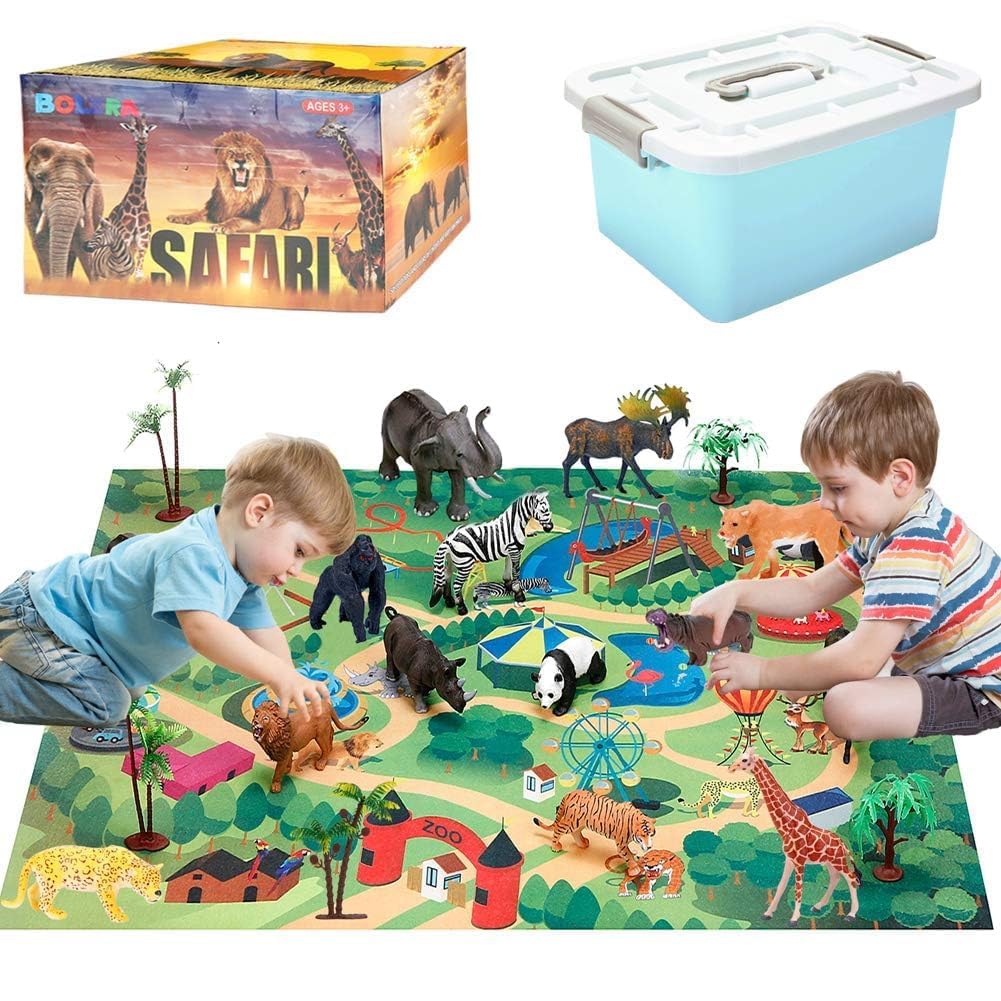 Safari Animals Figures with Activity Play Mat & Storage Box, Realistic Plastic Jumbo Playset, Jungle Wild Zoo Animals Toys for Kids Toddler 3-5, 22Pcs