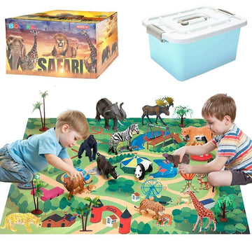Safari Animals Figures with Activity Play Mat & Storage Box, Realistic Plastic Jumbo Playset, Jungle Wild Zoo Animals Toys for Kids Toddler 3-5, 22Pcs
