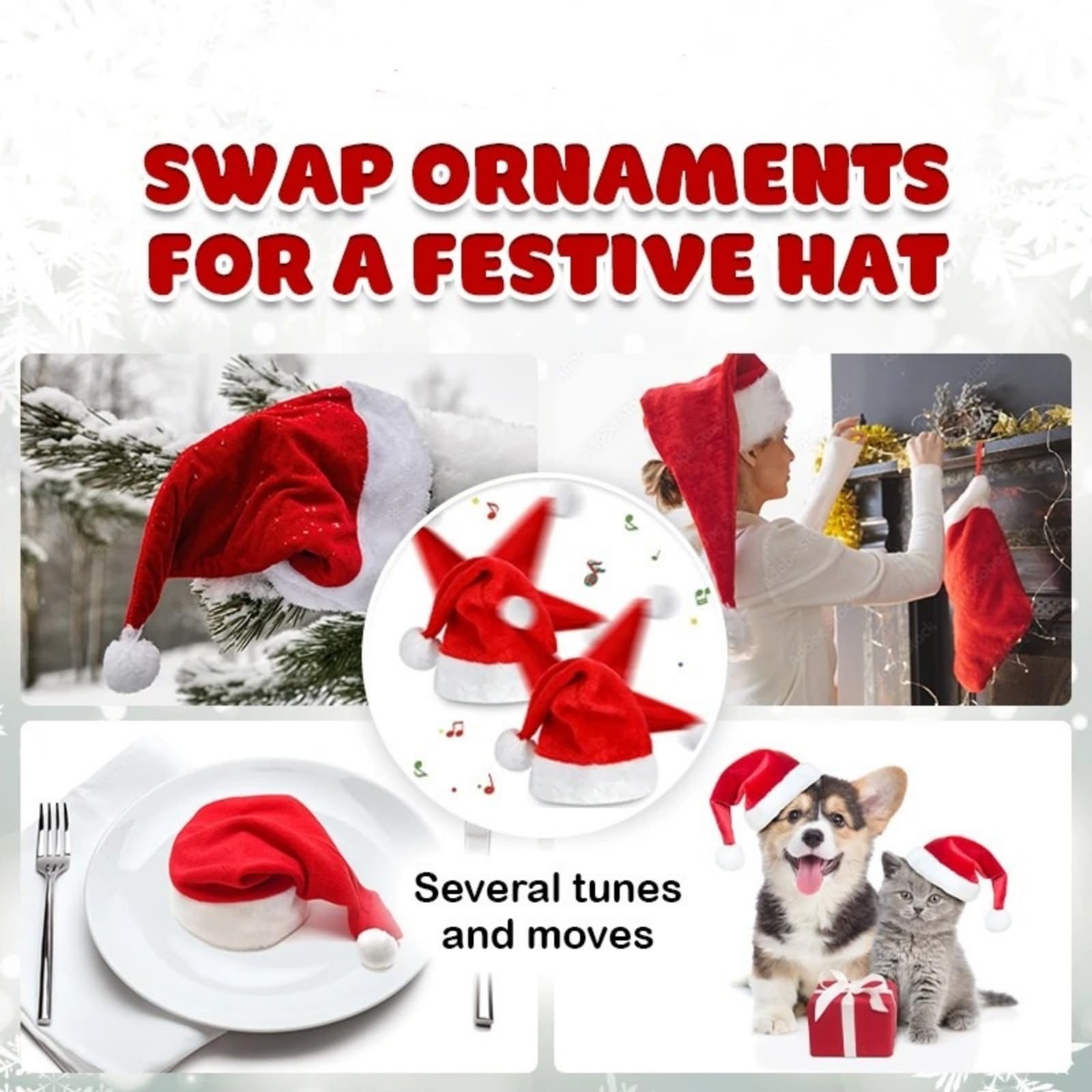 Metionc Electric Singing and Dancing Christmas Hat - Funny Plush Swing Christmas Hat for Christmas New Year Party (1pc)