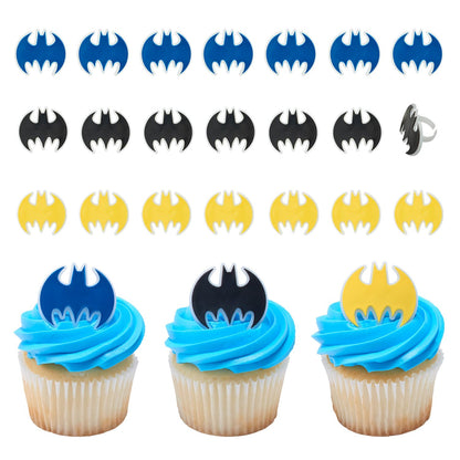 DecoPac Batman Dark Knight Rings, Glow In The Dark Batman Cupcake Decorations, Bat Signal Cake Toppers in Black, Yellow, Blue - 24 Pack