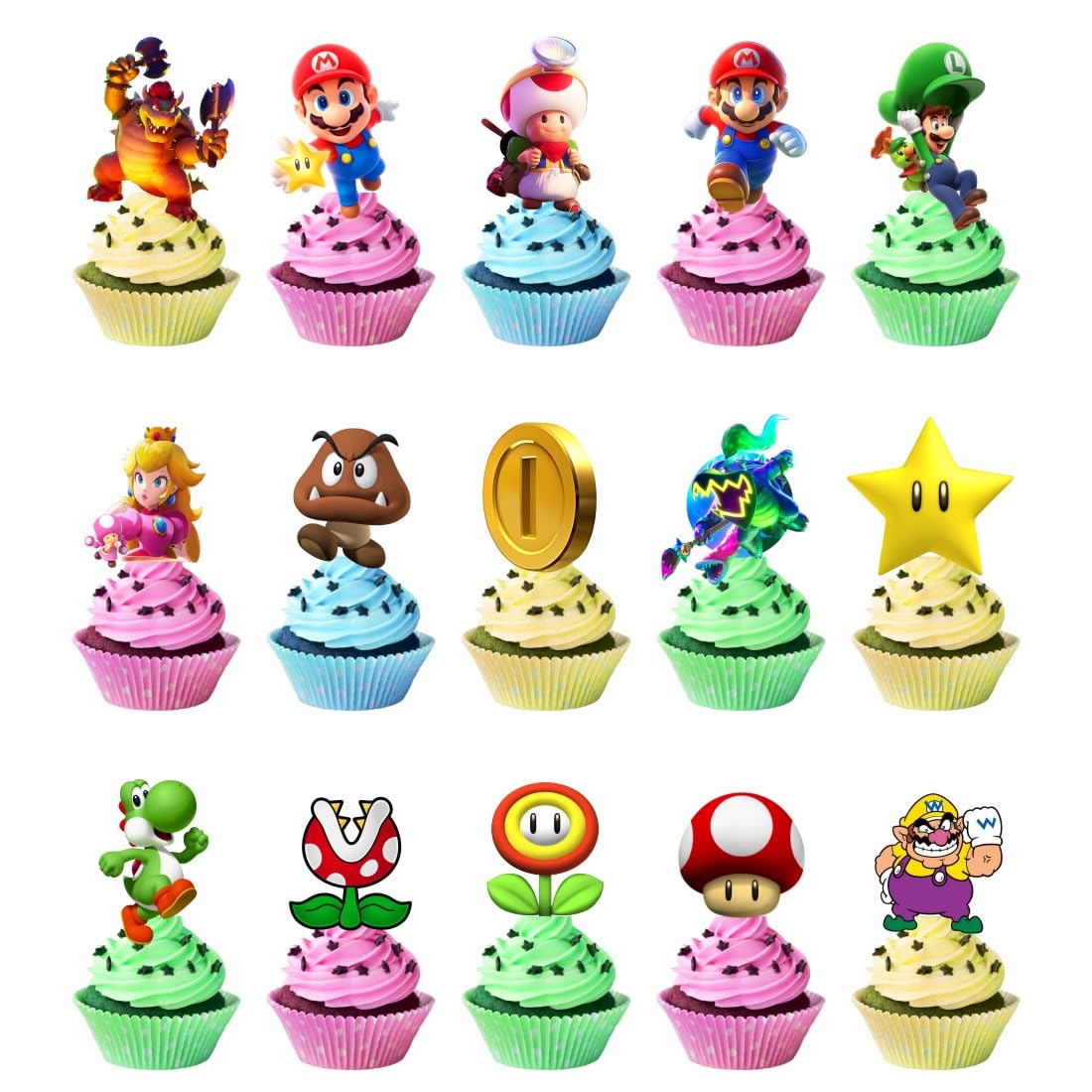 30pcs Mario Cake Decorations with 30pcs Cupcake Toppers Party Supplies for Mario Themed Birthday Decorations