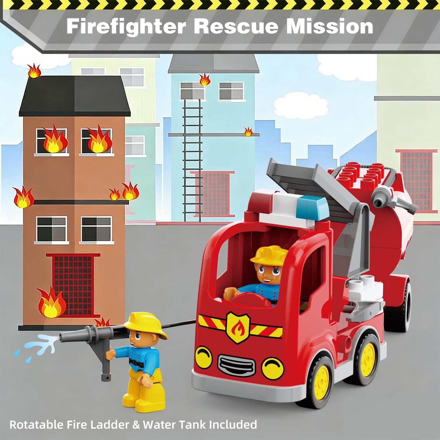 XENQITOYS Fire Station Playset, 144Pcs Classic Big Building Blocks Compatible with All Major Brand, Fire Station Toys, Fire Trucks for Toddlers 3-5