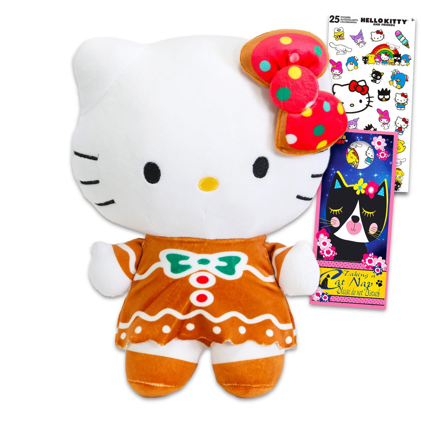 Sanrio Hello Kitty Christmas Plush Toy Set - Bundle with 10" Kitty Gingerbread Themed Plush & Stickers