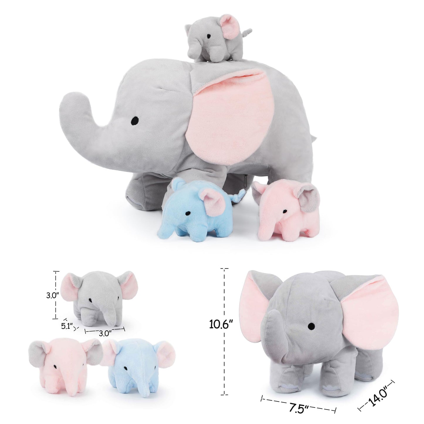 WEIGEDU Elephant Plush Toy Set - 4-Piece Stuffed Animal Family with Zipper Storage | Soft Elephant Dolls for Toddlers & Kids | Grey, Blue, Pink