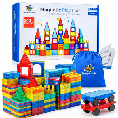 SUNNY AUNTIE Magnetic Tiles 240 PCS XL Set with Storage Bag - Magnetic Building Tiles for Kids Ages 3-8, STEM Magnet Construction Toy for Boys & Girls