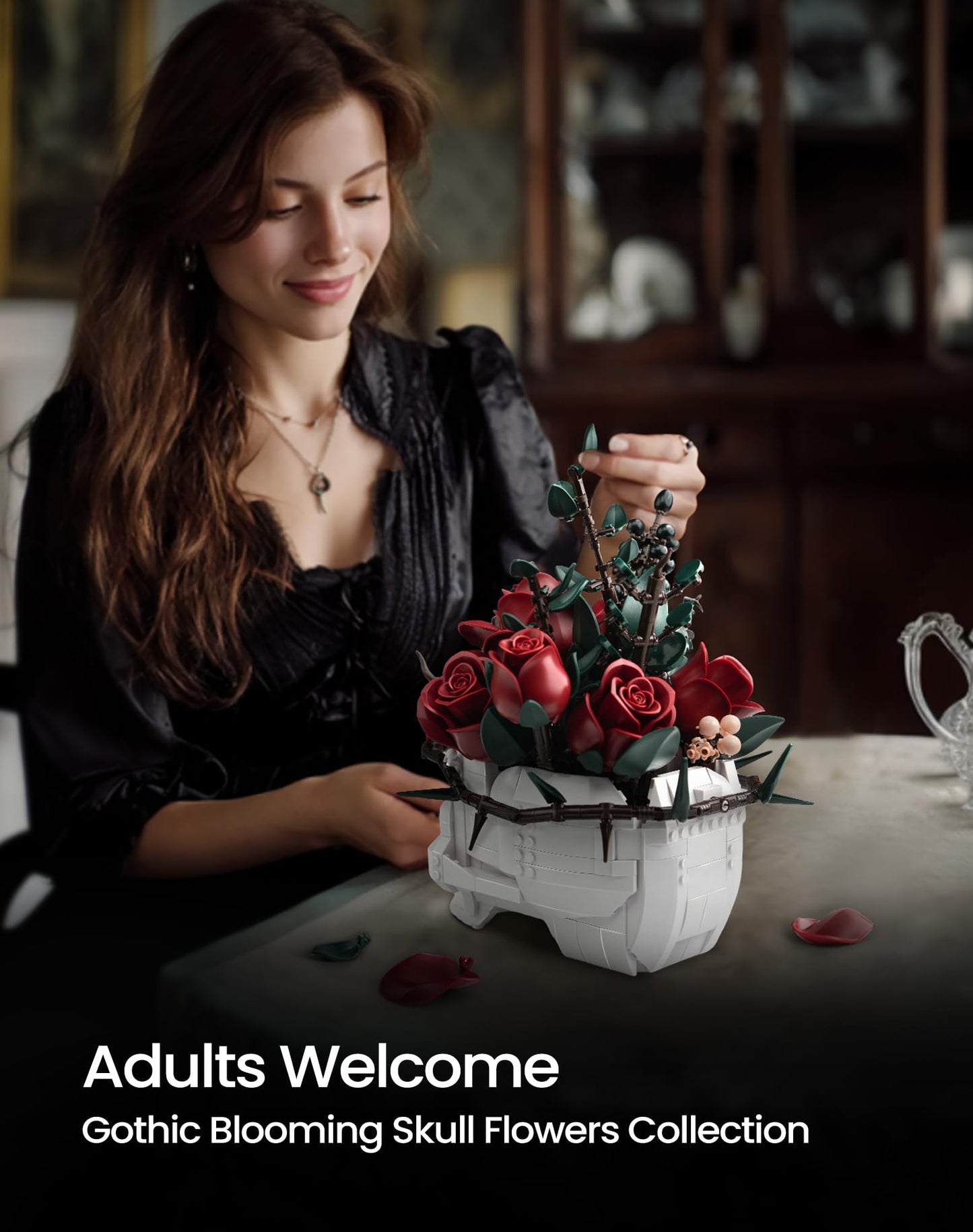 iATOM Skull Roses Flower Bouquet Building Set, Botanical Collection Kit for Adult Women, Birthday Gifts for Mothers Day