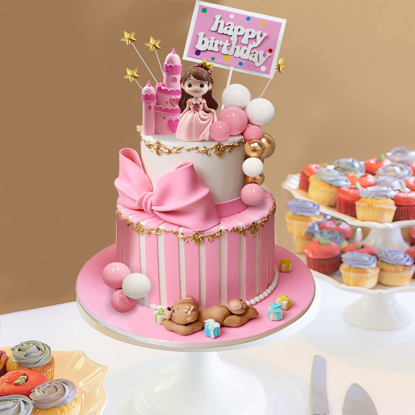26PCS Princess Castle Cake Topper Girl Princess Cake Decoration Happy Birthday Insert Cards for Girl Birthday Party Supplies