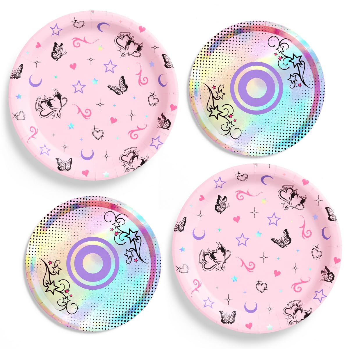 xo, Fetti Y2K Plate Set - 32 Paper Plates, 16 9" plates + 16 7" plates | Birthday Party, Retro CD 90s 2000s Theme, Butterfly, Iridescent Foil, Pink