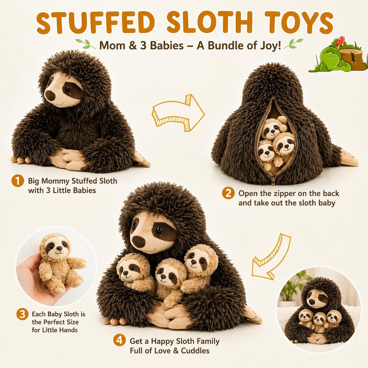 YOHAKI Sloth Plush Animal, 11.02" Cute Stuffed Sloth with 3 Baby Sloths, Easter Stuffed Sloth Animal, Washable Plush Toys, Cute Three Toed Sloth