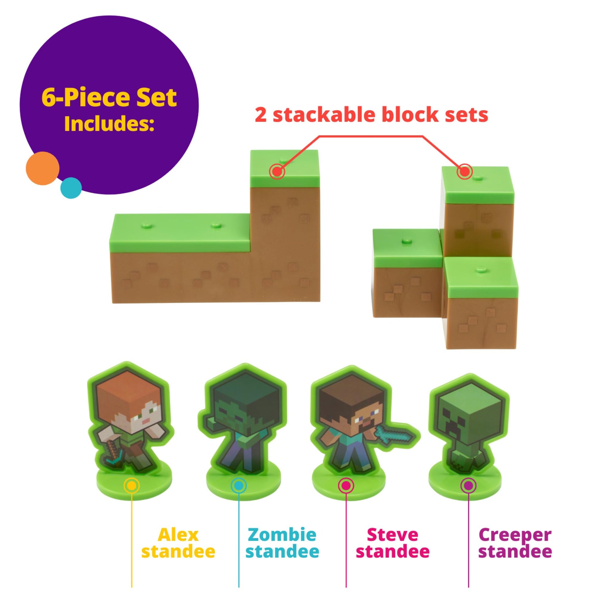 DecoSet® Mobs Beware Minecraft Cake Topper, 6-Piece Stackable Cake Decoration, Interlocking 3D Blocks With Characters, Food Safe Birthday Cake