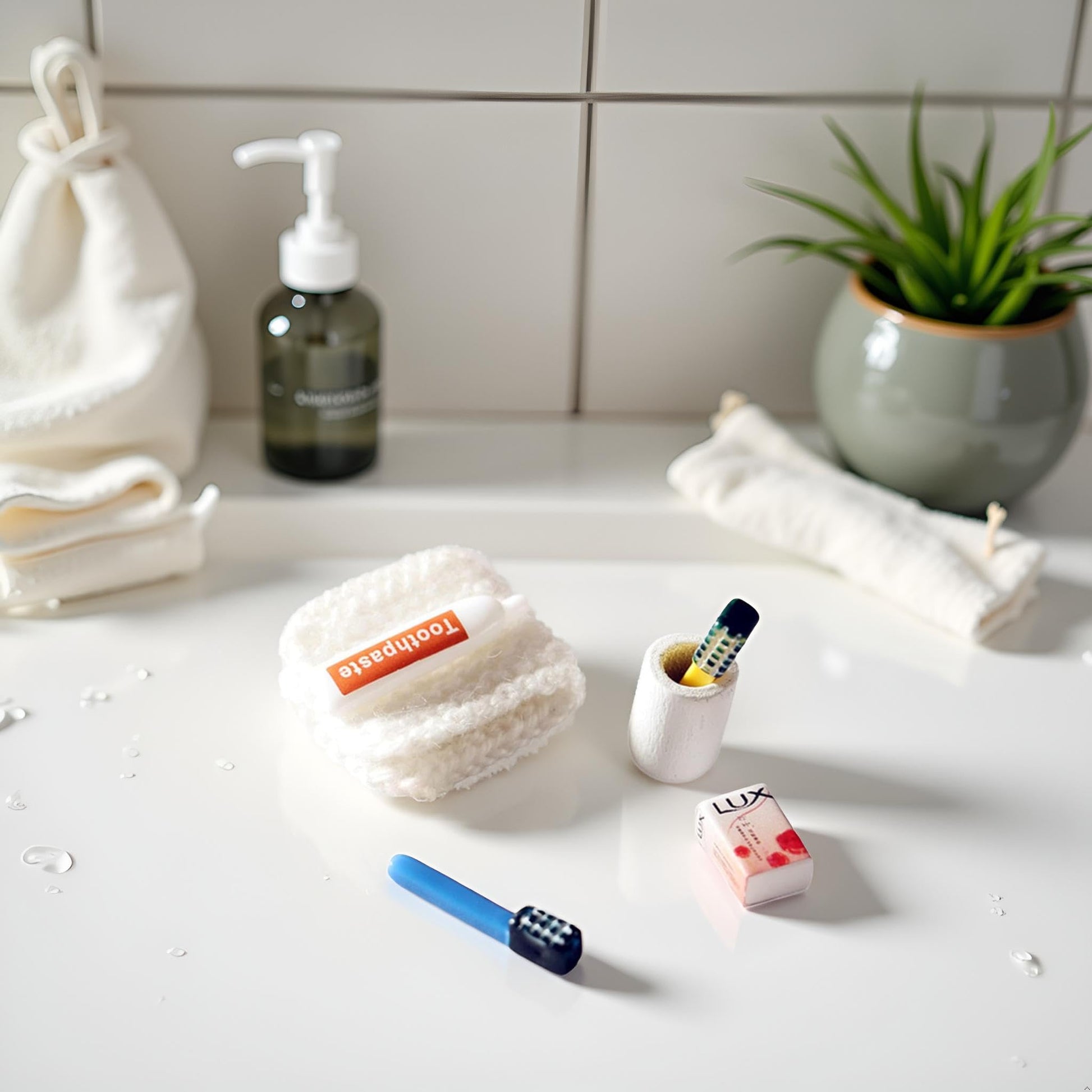 6Pcs/Set Dollhouse Miniature, Washing Supplies Miniature Creative Simulation, Plastic Dollhouse Toothpaste Toothbrush Model for Entertainment