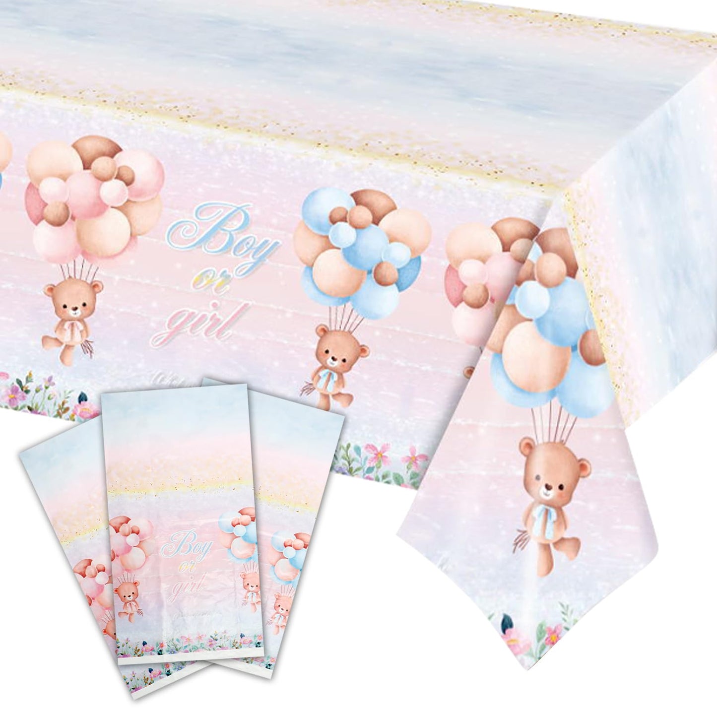 3 Pack Teddy Bear Baby Shower Tablecloths, Plastic Gender Reveal Tablecloths Waterproof Pink and Blue Tablecloth for Boy or Girl Baby Shower Birthday