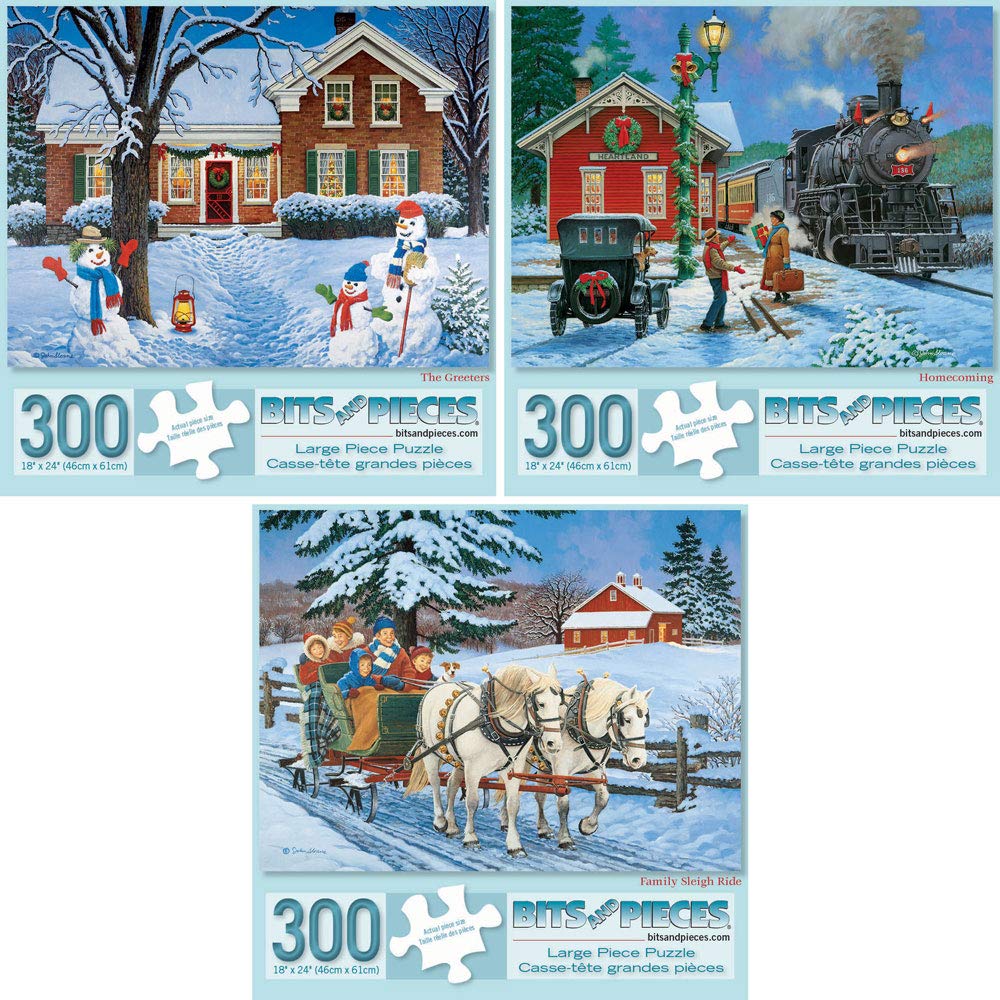 Bits and Pieces - Value Set of Three 300 Piece Jigsaw Puzzles for Adults - The Greeters, Homecoming, Winter Christmas Jigsaw Puzzle Jigsaw Puzzles by