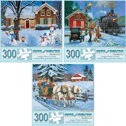 Bits and Pieces - Value Set of Three 300 Piece Jigsaw Puzzles for Adults - The Greeters, Homecoming, Winter Christmas Jigsaw Puzzle Jigsaw Puzzles by